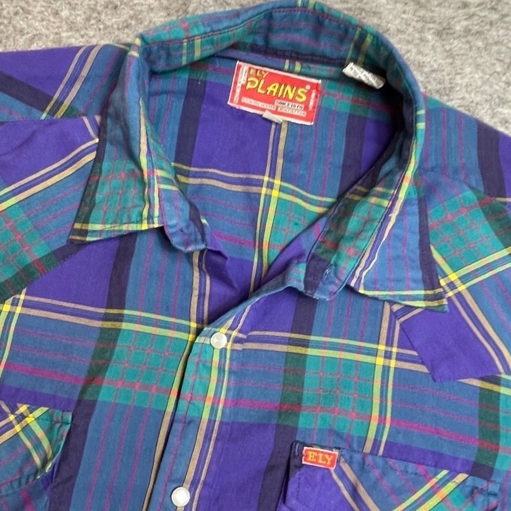 VTG Ely Plains Mens 17 34/35 Western Pearl Snap Plaid Shirt Cowboy Western Rodeo